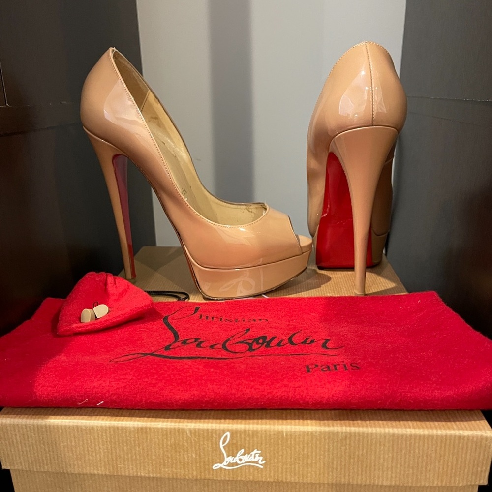 Authentic Christian Louboutin Lady Peep 150 Patent Calf Nude Size 36.5
